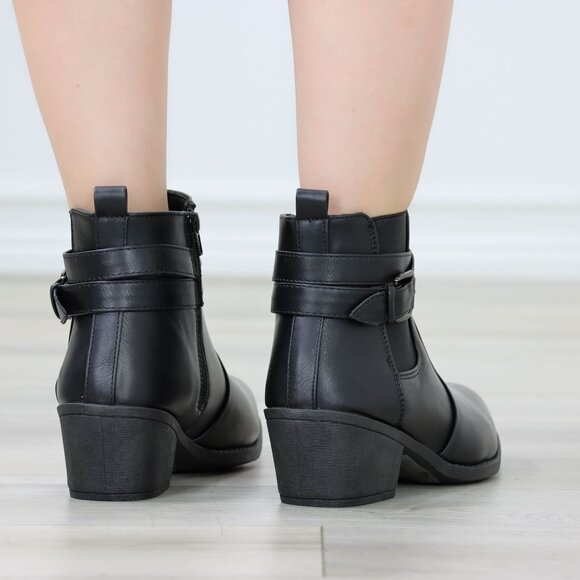 Womens Ankle Boots Low Block Heel Brown Synthetic Leather Pointed Toe Buckles - Picture 10 of 11